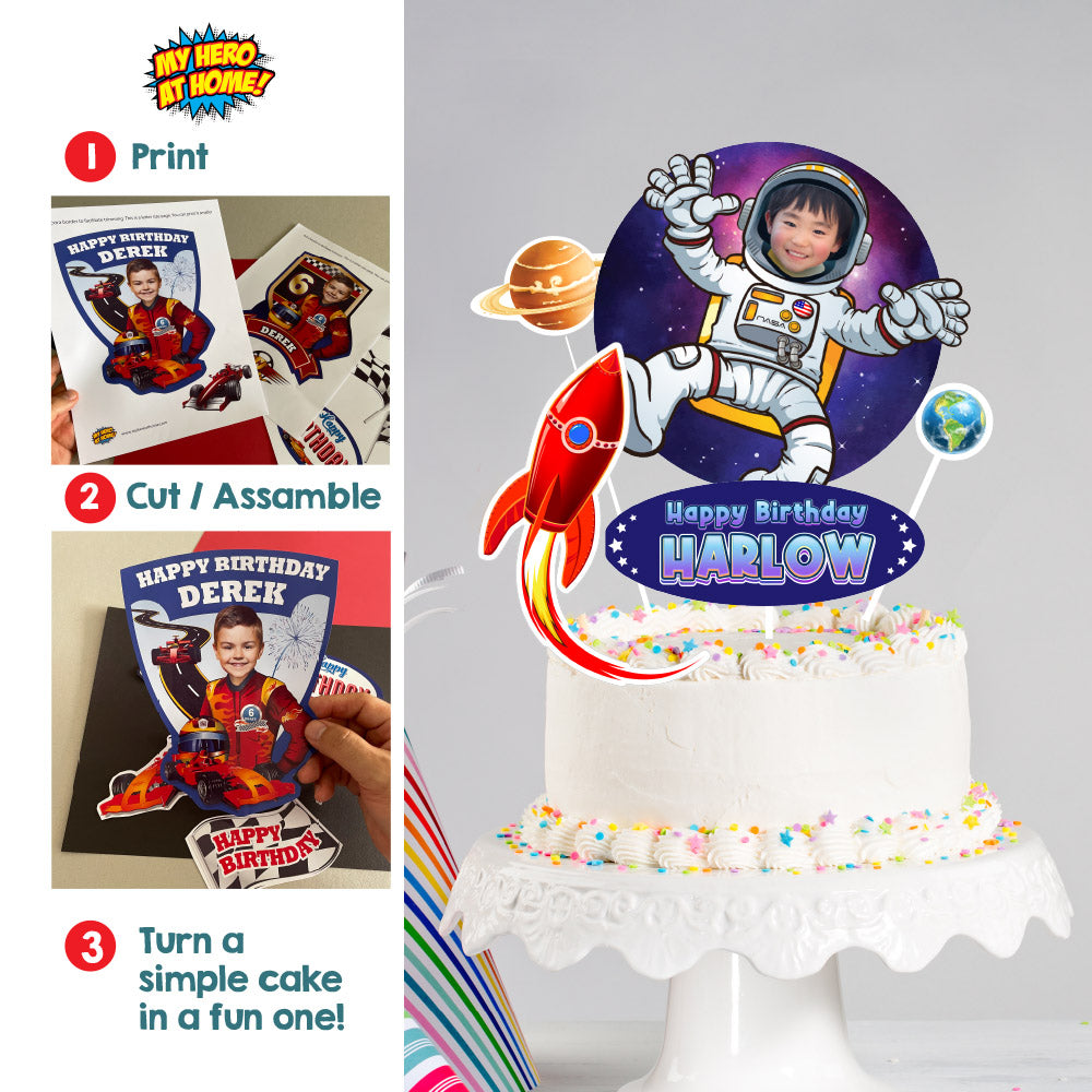 Printable Outer Space Cake topper featuring birthday kid as an Astronaut (Print, cut, assemble). 2095CT2