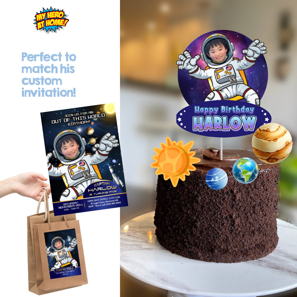 Printable Outer Space Cake topper featuring birthday kid as an Astronaut (Print, cut, assemble). 2095CT2