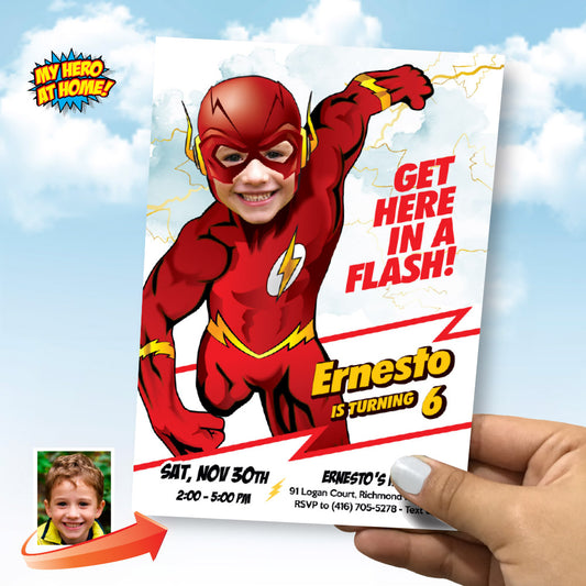 Get here in a Flash birthday Invitation with birthday boy as the Flash, Digital invite themed Flash. 2100IN