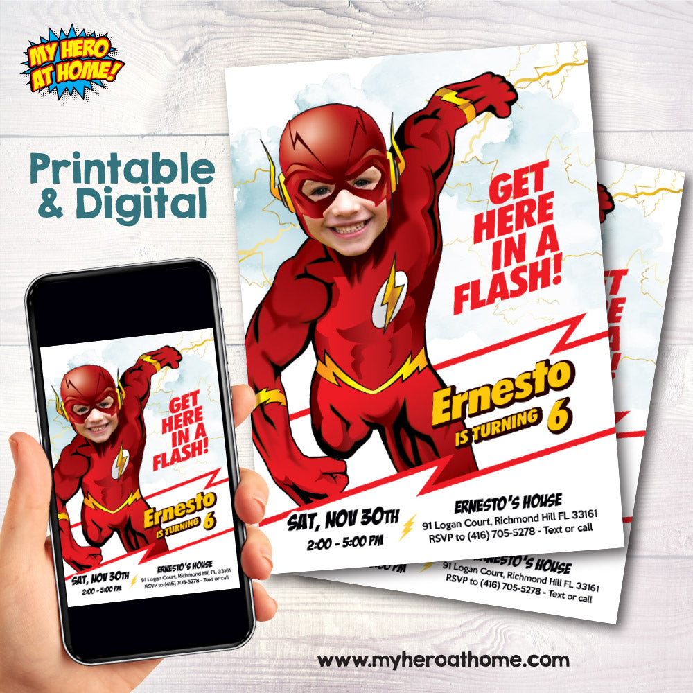 Get here in a Flash birthday Invitation with birthday boy as the Flash, Digital invite themed Flash. 2100IN