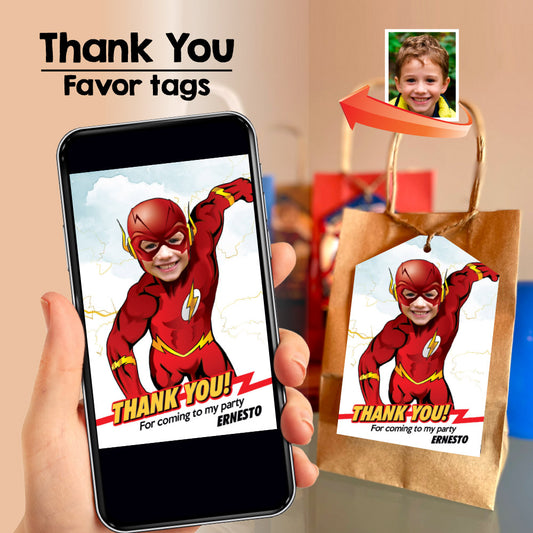 Custom Flash Thank you note with your kid as the fastest superhero, Flash photo Favor tags. 2100TY