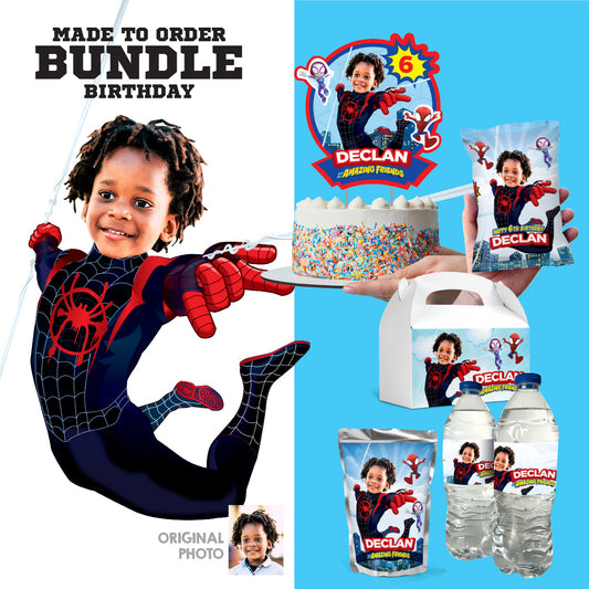 Miles Morales Spin Birthday Party Bundle with photo (Cake Topper, Labels, favors, drinks). 2104B1