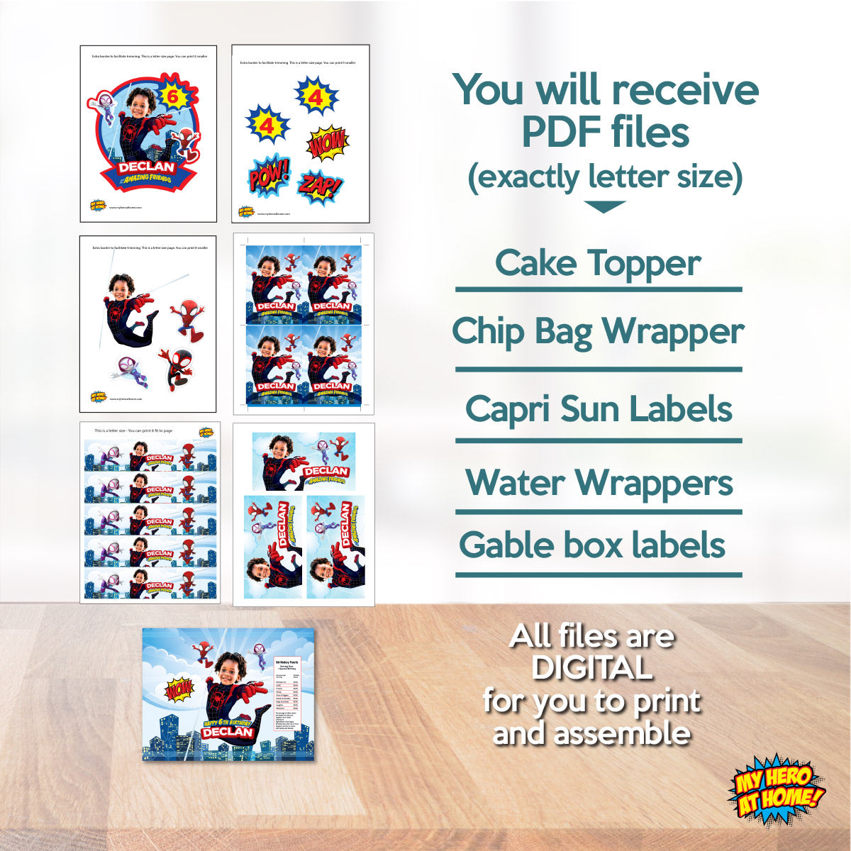 Miles Morales Spin Birthday Party Bundle with photo (Cake Topper, Labels, favors, drinks). 2104B1