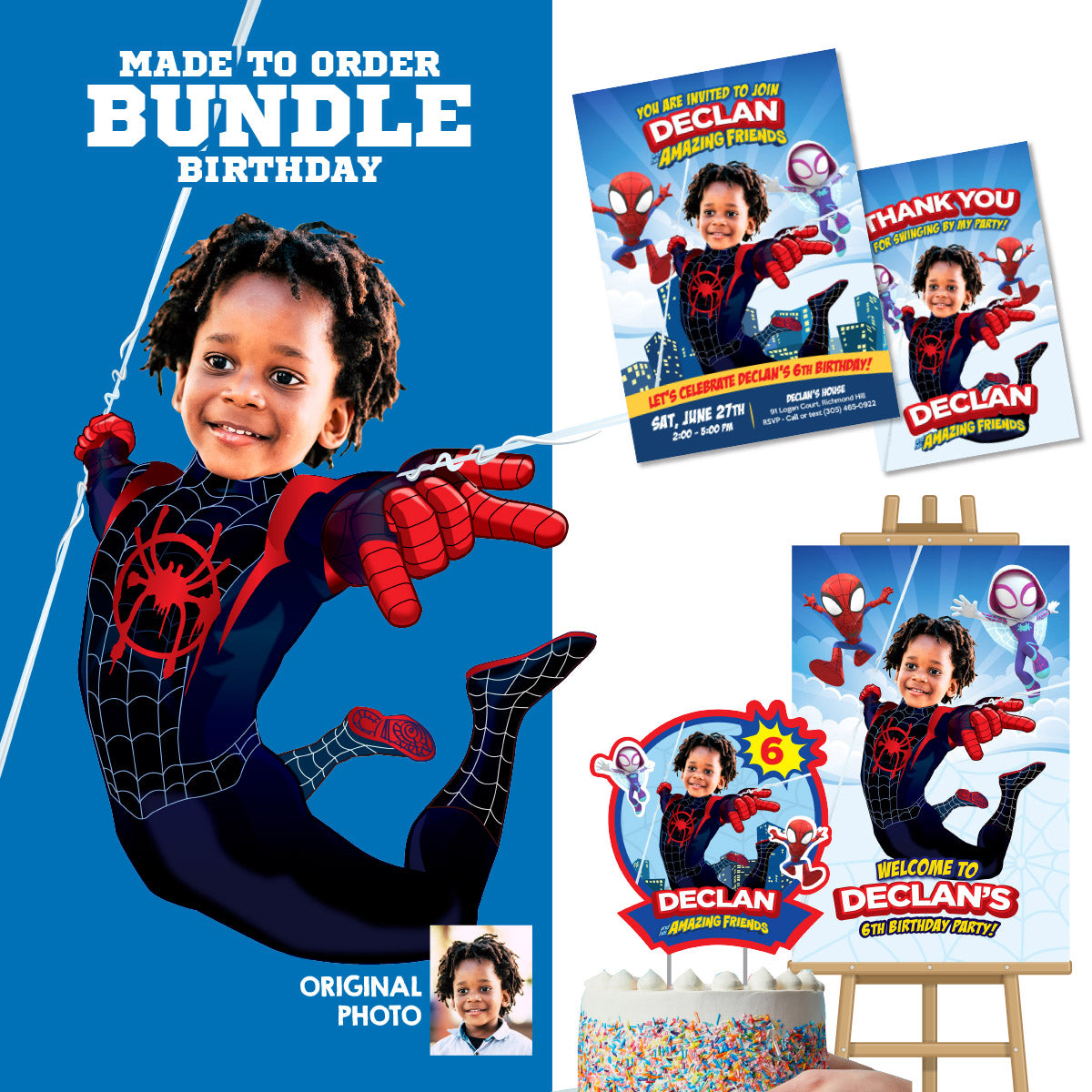 Personalized Miles Morales Spin Birthday Party Bundle with child as the star. 2104B2