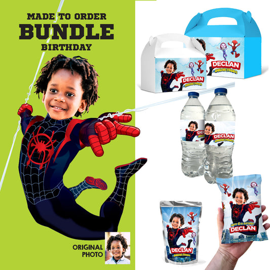 Personalized Miles Morales Spin Party Snacks and Favors Labels Bundle. 2104B3