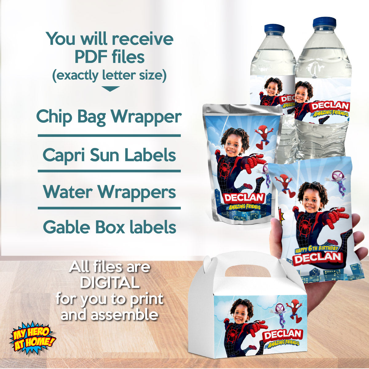 Personalized Miles Morales Spin Party Snacks and Favors Labels Bundle. 2104B3