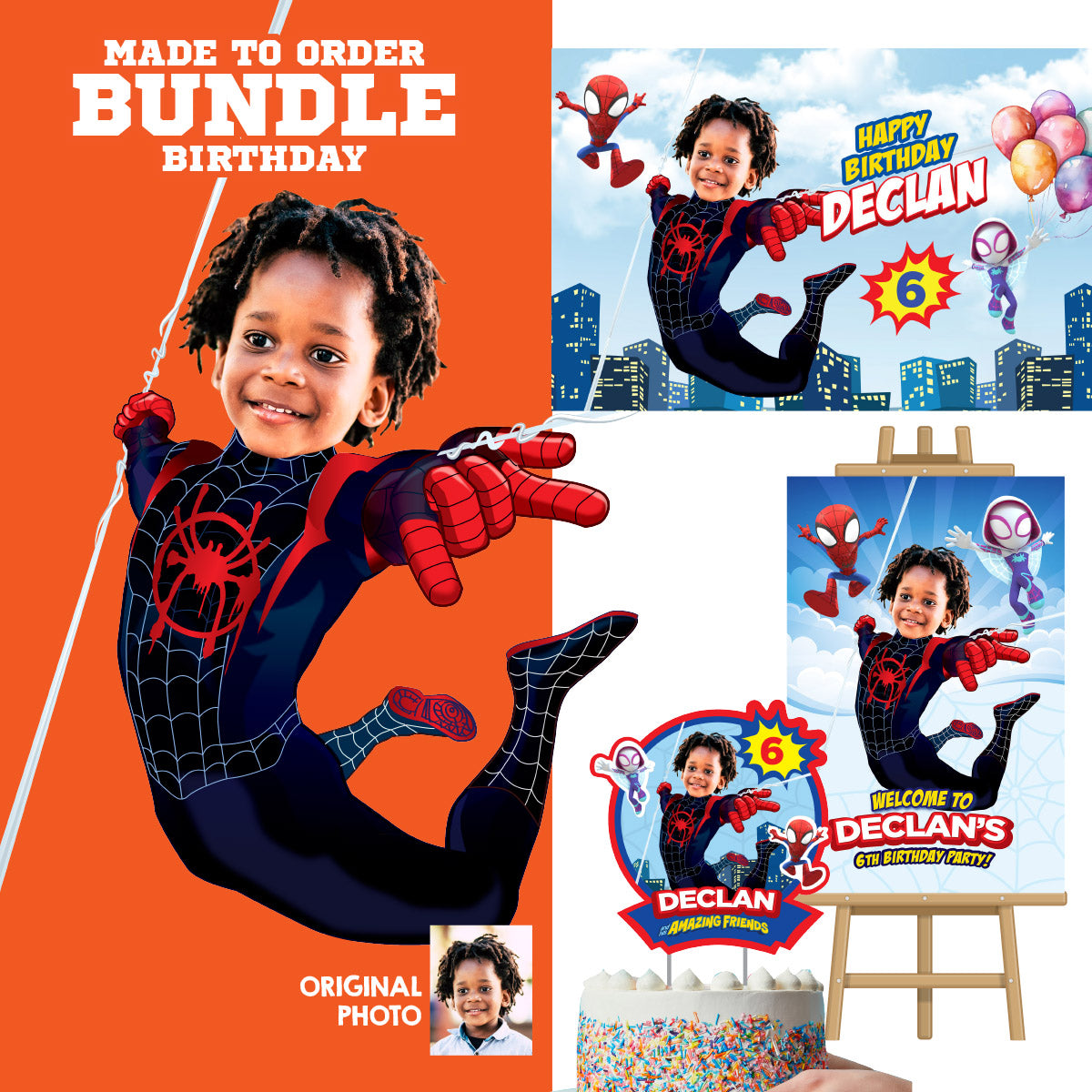 Personalized Miles Morales Spin Birthday Party Decor Bundle with photo (cake, welcome, backdrop). 2104B4