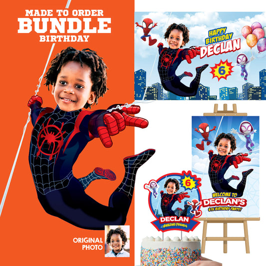 Personalized Miles Morales Spin Birthday Party Decor Bundle with photo (cake, welcome, backdrop). 2104B4
