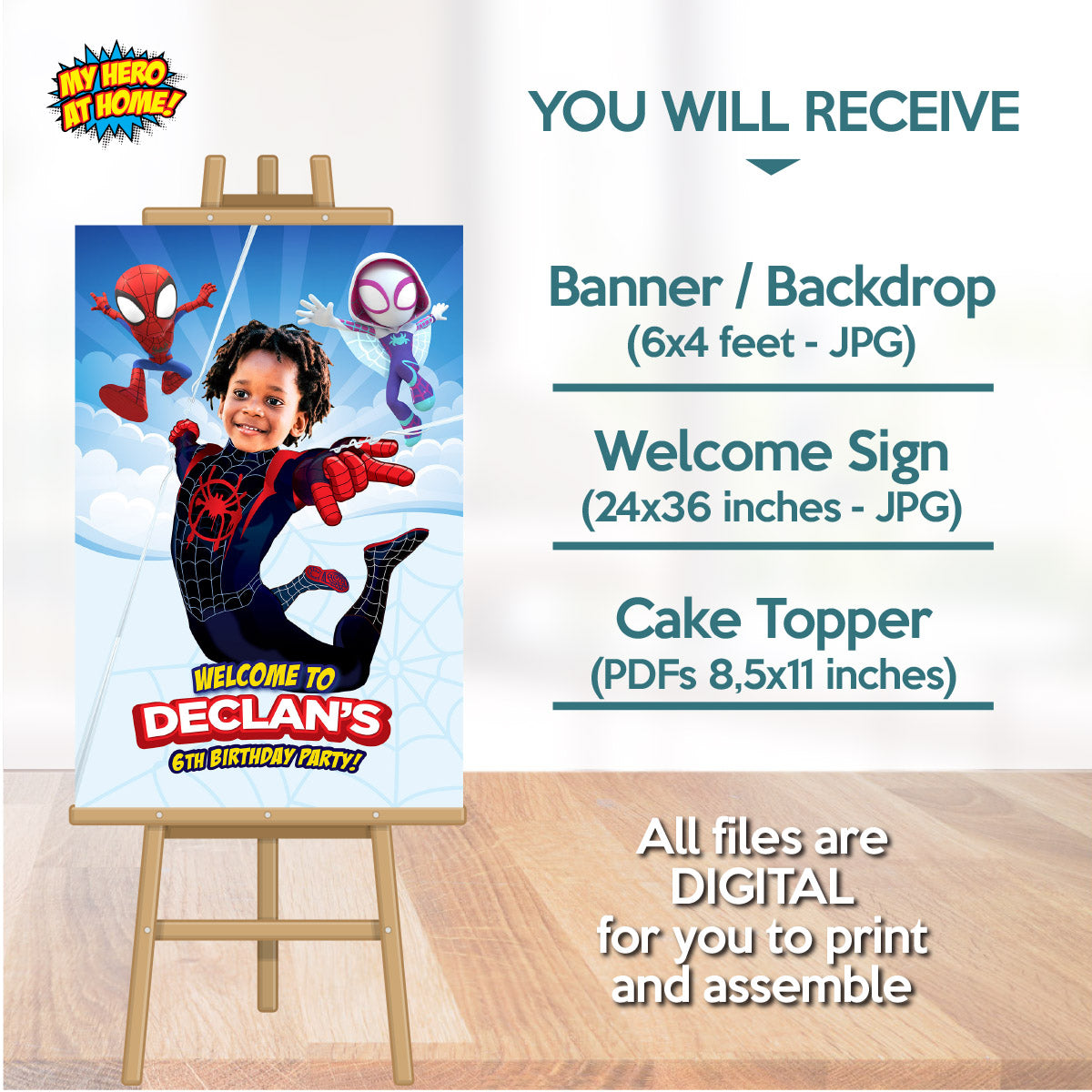 Personalized Miles Morales Spin Birthday Party Decor Bundle with photo (cake, welcome, backdrop). 2104B4