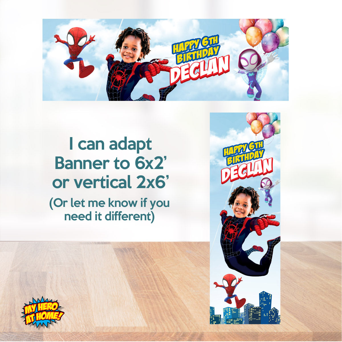 Personalized Miles Morales Spin Birthday Party Decor Bundle with photo (cake, welcome, backdrop). 2104B4