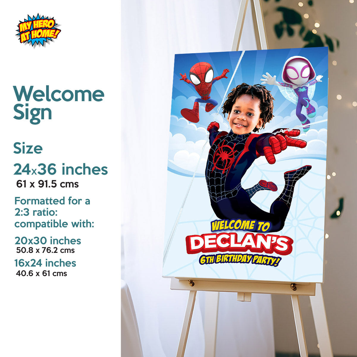 Personalized Miles Morales Spin Birthday Party Decor Bundle with photo (cake, welcome, backdrop). 2104B4