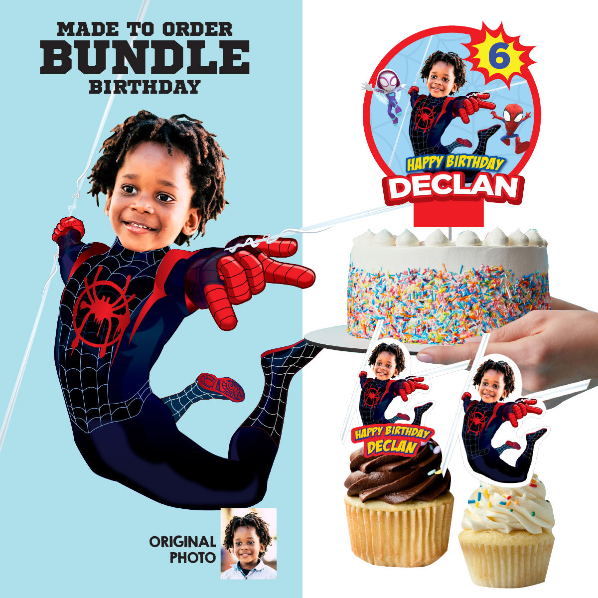 Matching Cake and Cupcake Toppers Bundle with birthday kid as Spin Miles Morales. 2104B5