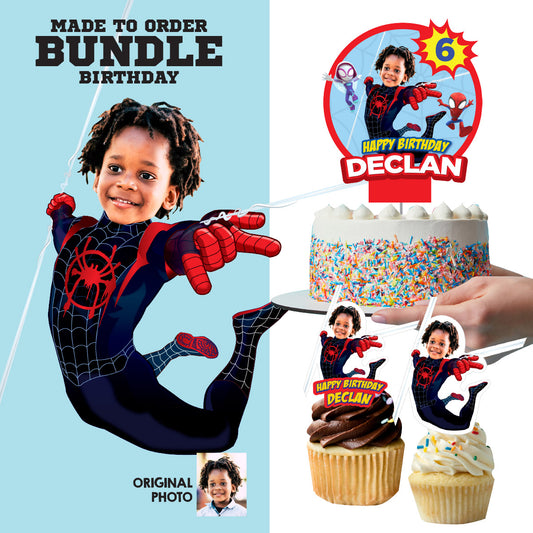 Matching Cake and Cupcake Toppers Bundle with birthday kid as Spin Miles Morales. 2104B5