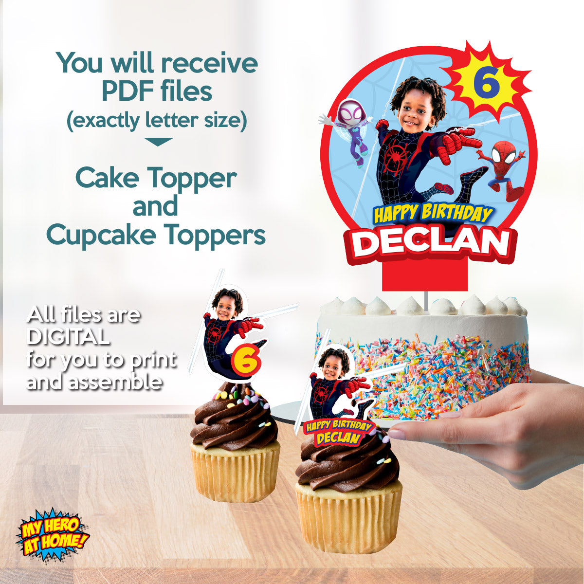 Matching Cake and Cupcake Toppers Bundle with birthday kid as Spin Miles Morales. 2104B5