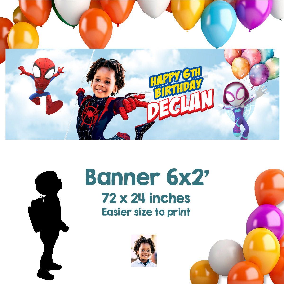Spidey birthday party banner customized with your kid as Miles Morales (6x2', Horizontal). 2104BBH
