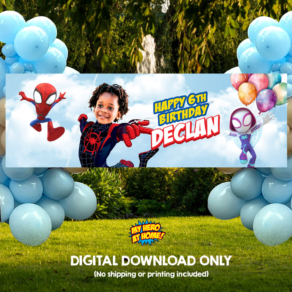 Spidey birthday party banner customized with your kid as Miles Morales (6x2', Horizontal). 2104BBH
