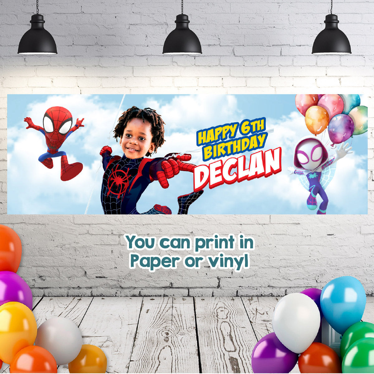 Spidey birthday party banner customized with your kid as Miles Morales (6x2', Horizontal). 2104BBH