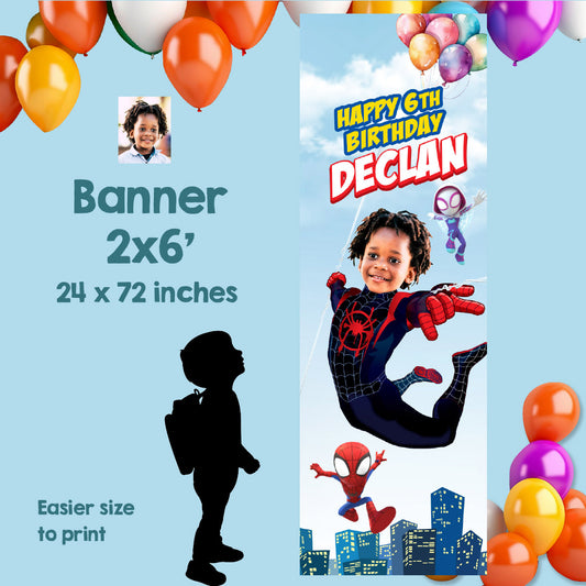 Miles Morales vertical birthday party banner with birthday kid as Spin (Portrait, Roll up). 2104BBV