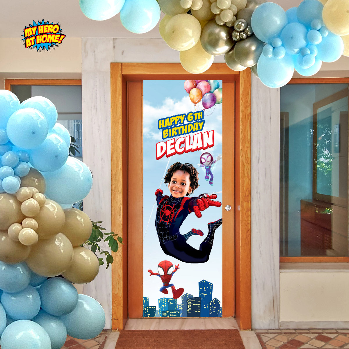 Miles Morales vertical birthday party banner with birthday kid as Spin (Portrait, Roll up). 2104BBV
