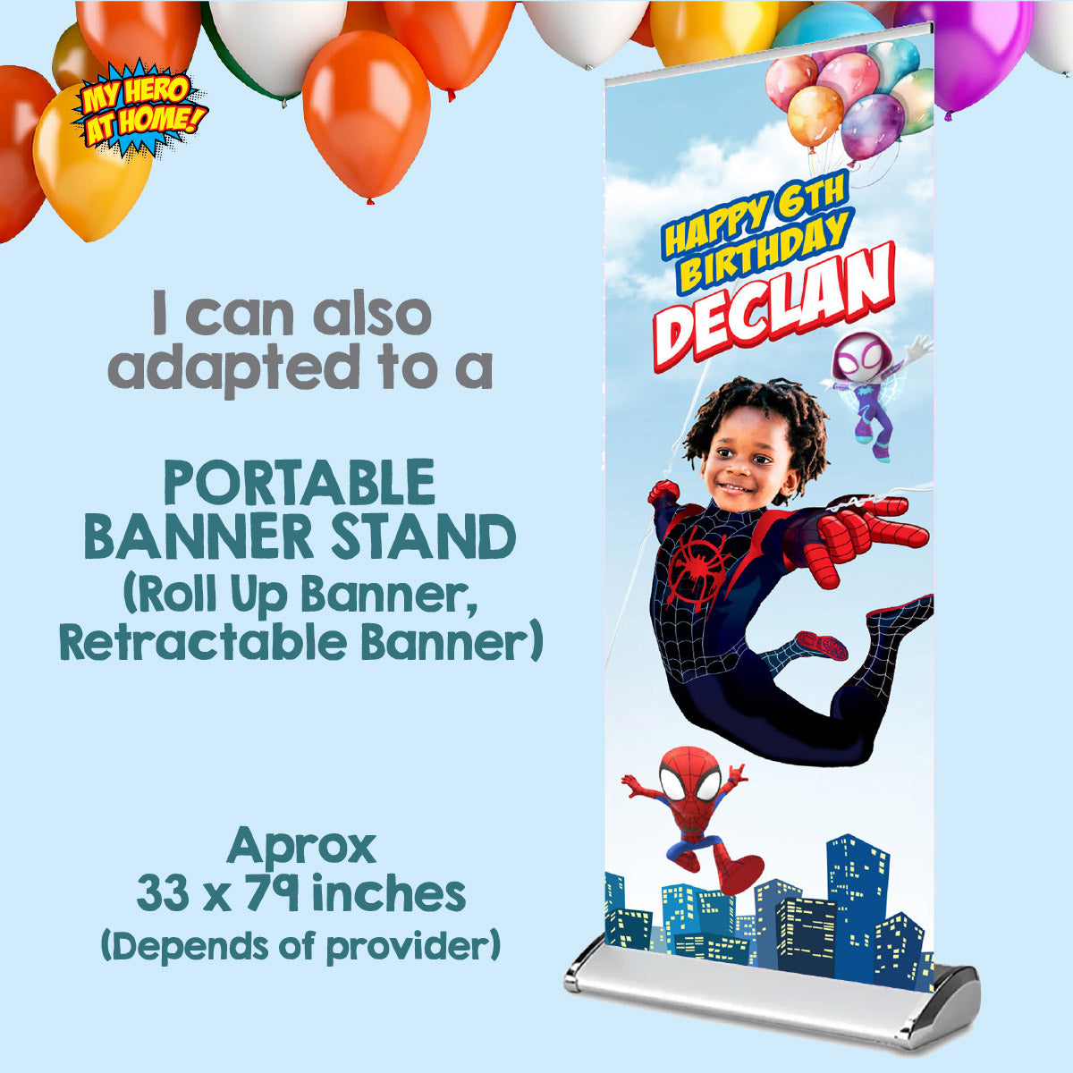 Miles Morales vertical birthday party banner with birthday kid as Spin (Portrait, Roll up). 2104BBV