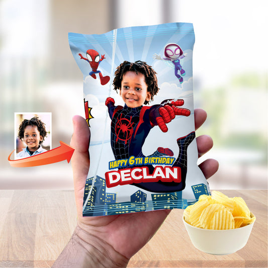 Custom Spin Chip Bags labels, Spin party decor, Miles Morales potato chips wrappers. 2104CB