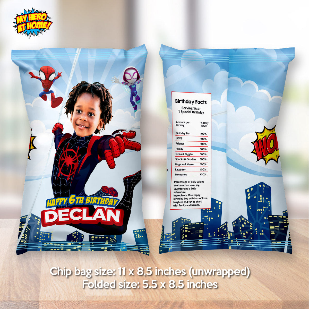 Custom Spin Chip Bags labels, Spin party decor, Miles Morales potato chips wrappers. 2104CB