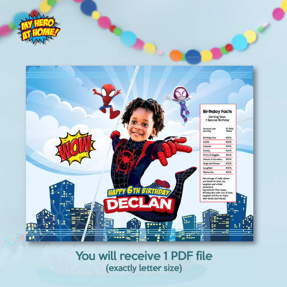 Miles Morales Spin Birthday Party Bundle with photo (Cake Topper, Labels, favors, drinks). 2104B1
