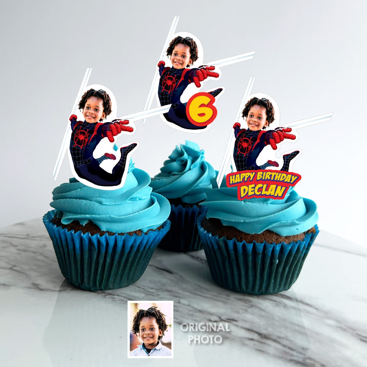 Matching Cake and Cupcake Toppers Bundle with birthday kid as Spin Miles Morales. 2104B5