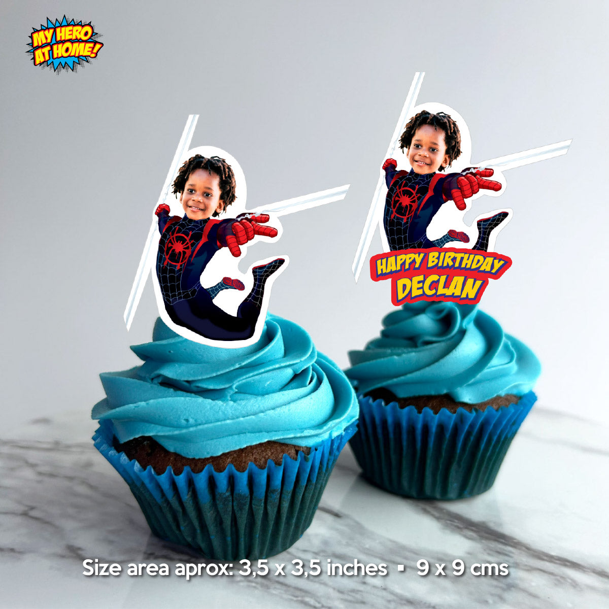 Personalized Spidey Spin Cupcakes Toppers featuring kid as Miles Morales. 2104CK