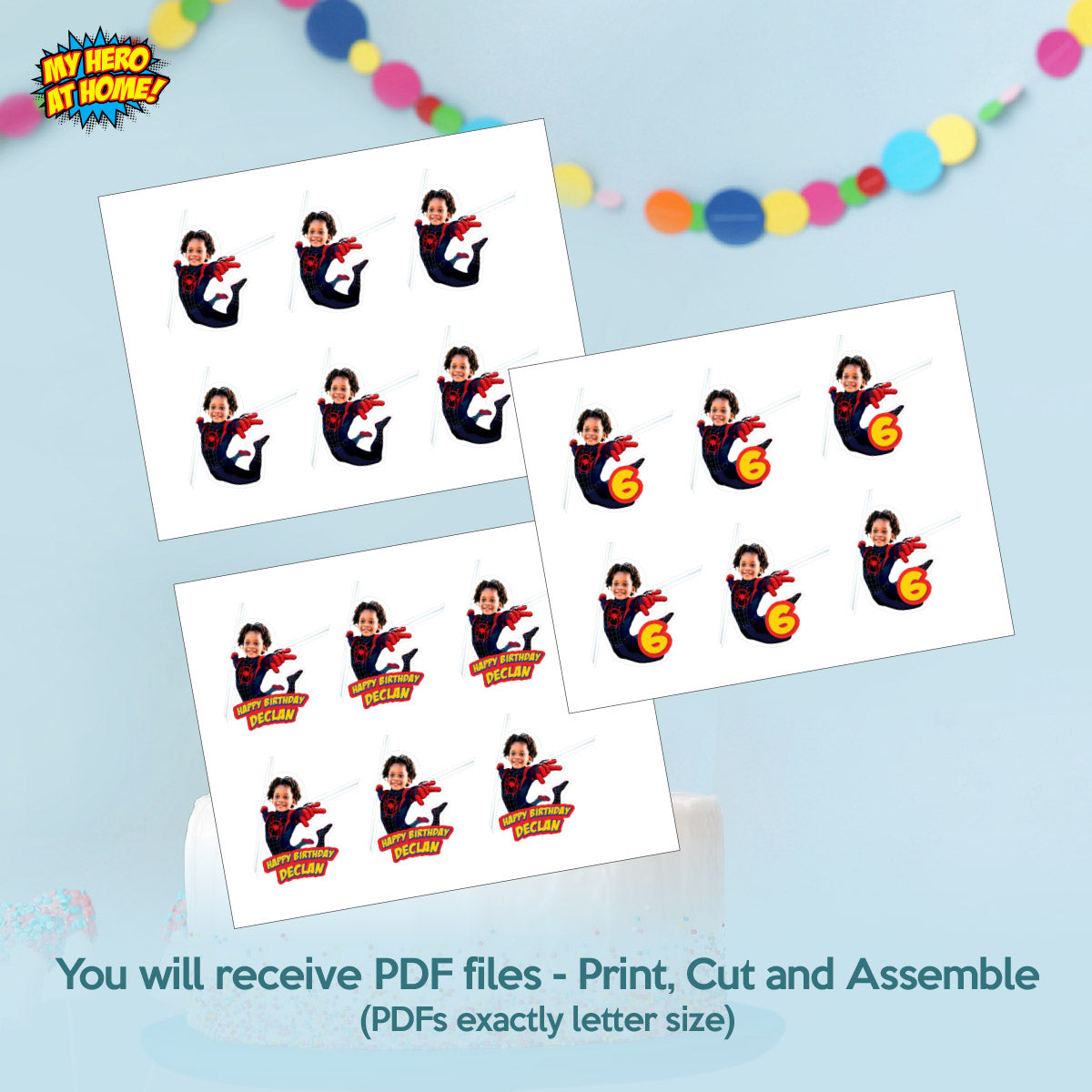 Matching Cake and Cupcake Toppers Bundle with birthday kid as Spin Miles Morales. 2104B5