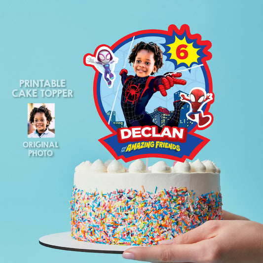 Printable Spidey Spin Cake topper with birthday child as Miles Morales. 2104CT1
