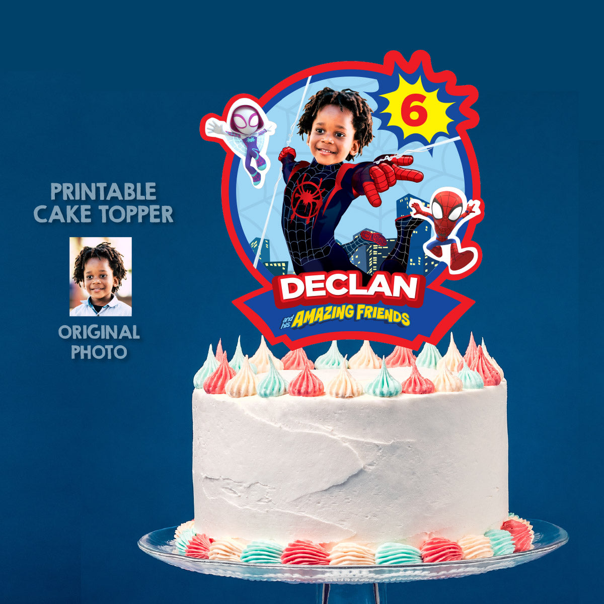 Printable Spidey Spin Cake topper with birthday child as Miles Morales. 2104CT1