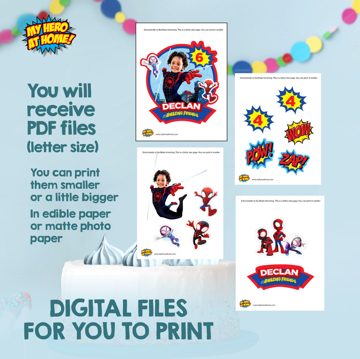 Printable Spidey Spin Cake topper with birthday child as Miles Morales. 2104CT1