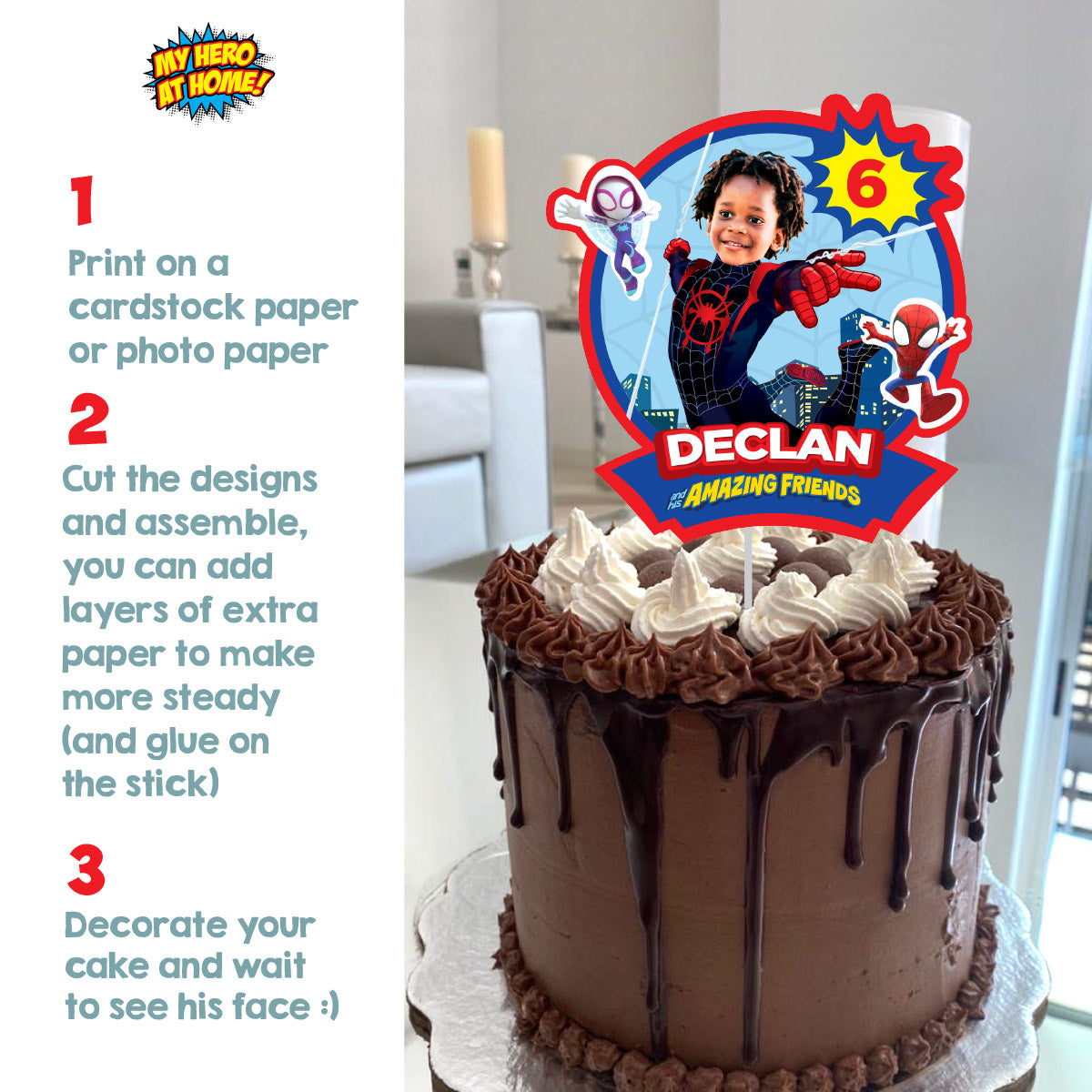 Printable Spidey Spin Cake topper with birthday child as Miles Morales. 2104CT1