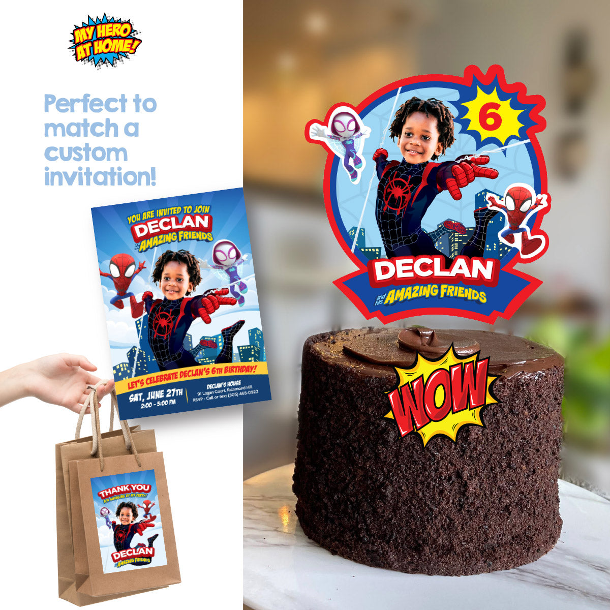 Printable Spidey Spin Cake topper with birthday child as Miles Morales. 2104CT1