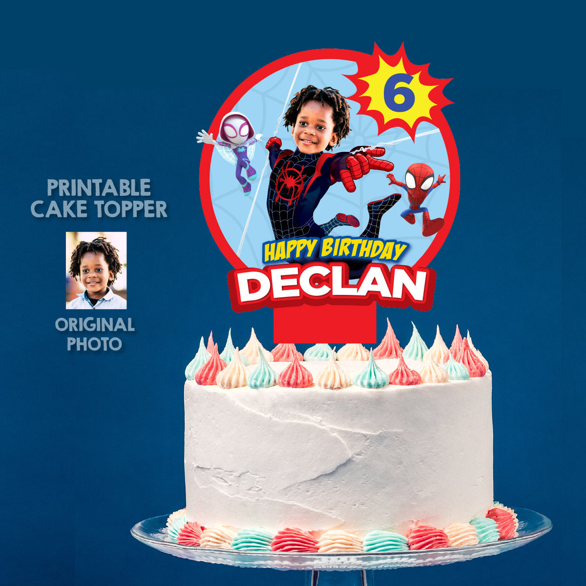 Custom Spidey Miles Morales Cake topper with birthday child as Spin. 2104CT2