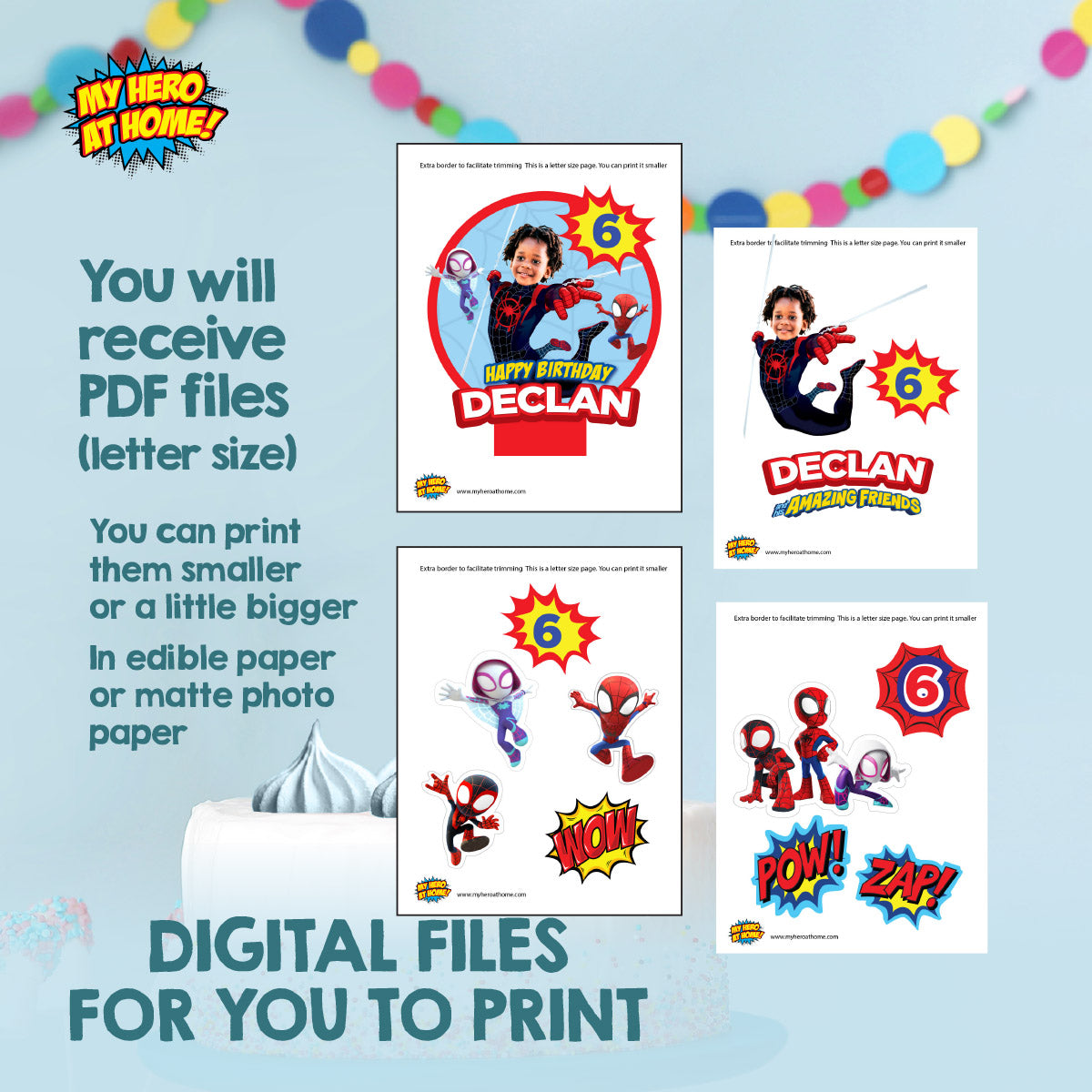 Miles Morales Spin Birthday Party Bundle with photo (Cake Topper, Labels, favors, drinks). 2104B1