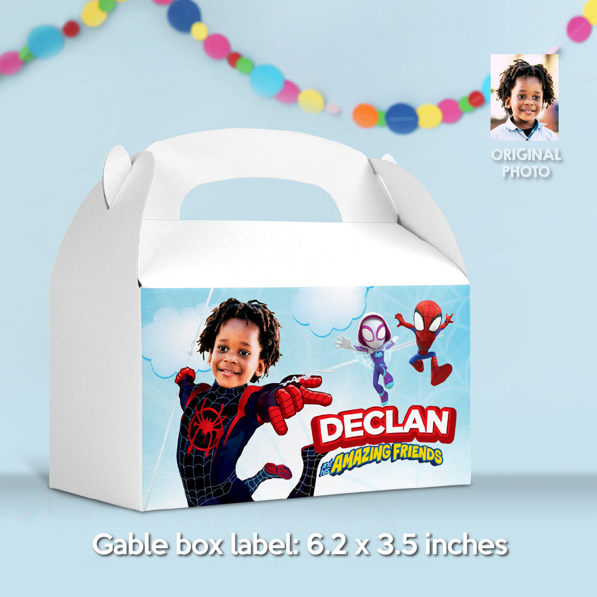 Miles Morales Spin Birthday Party Bundle with photo (Cake Topper, Labels, favors, drinks). 2104B1