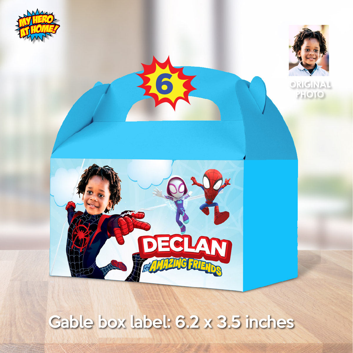 Personalized Spin Candy Box label with photo, Miles Morales Gable Box party favors. 2104GB