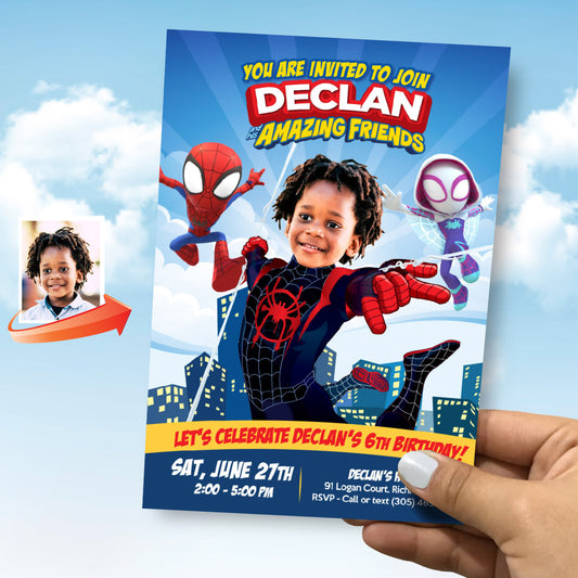 Custom Spin and his friends party Invitation featuring birthday kid as Miles Morales. 2104IN