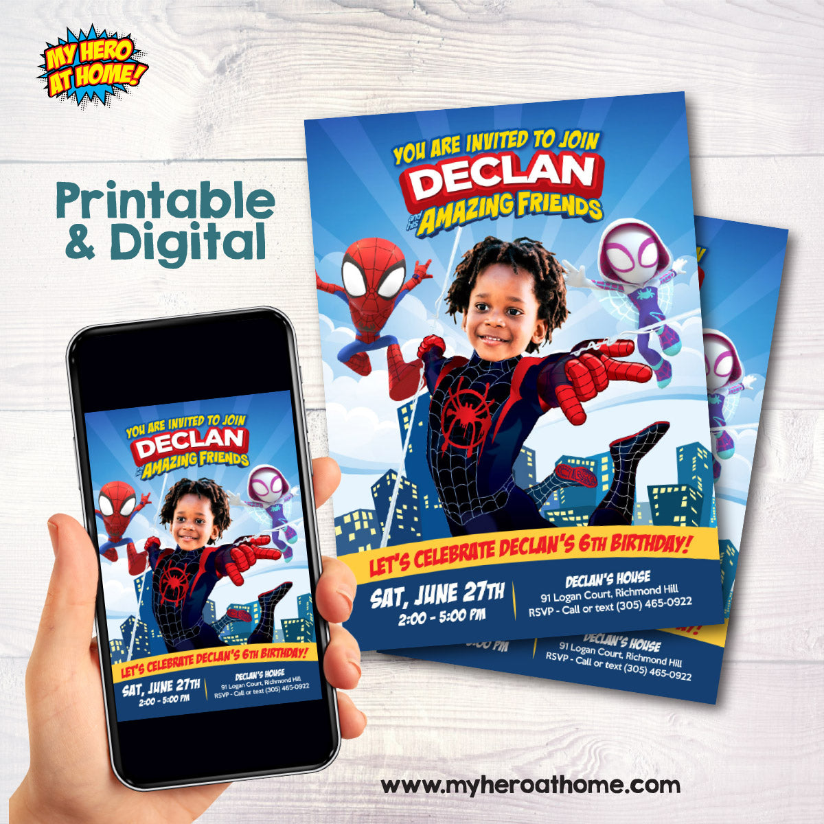 Custom Spin and his friends party Invitation featuring birthday kid as Miles Morales. 2104IN
