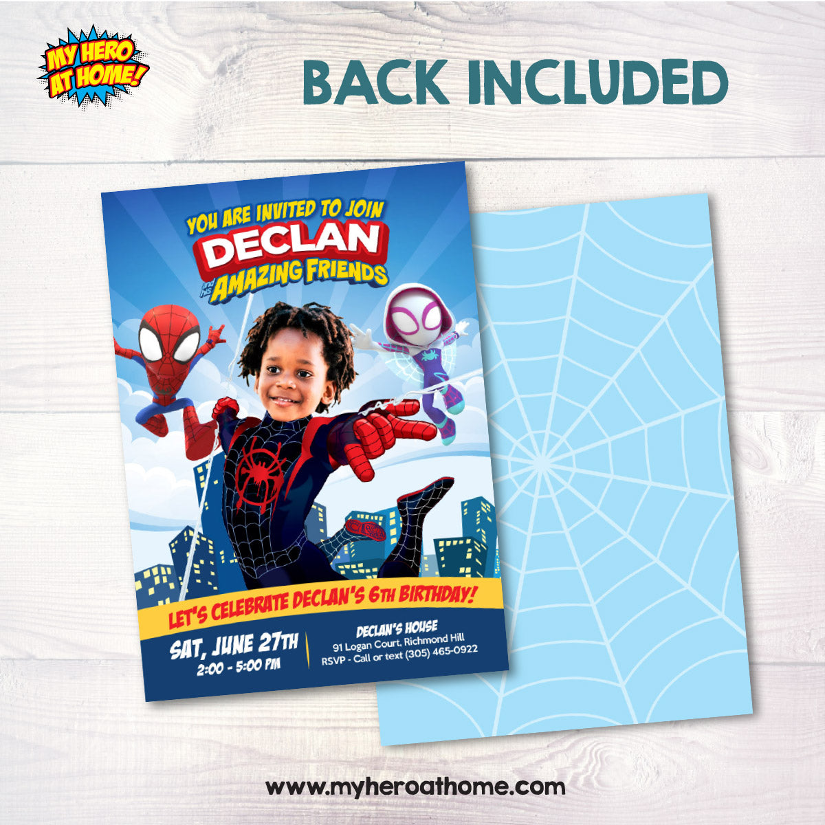 Custom Spin and his friends party Invitation featuring birthday kid as Miles Morales. 2104IN