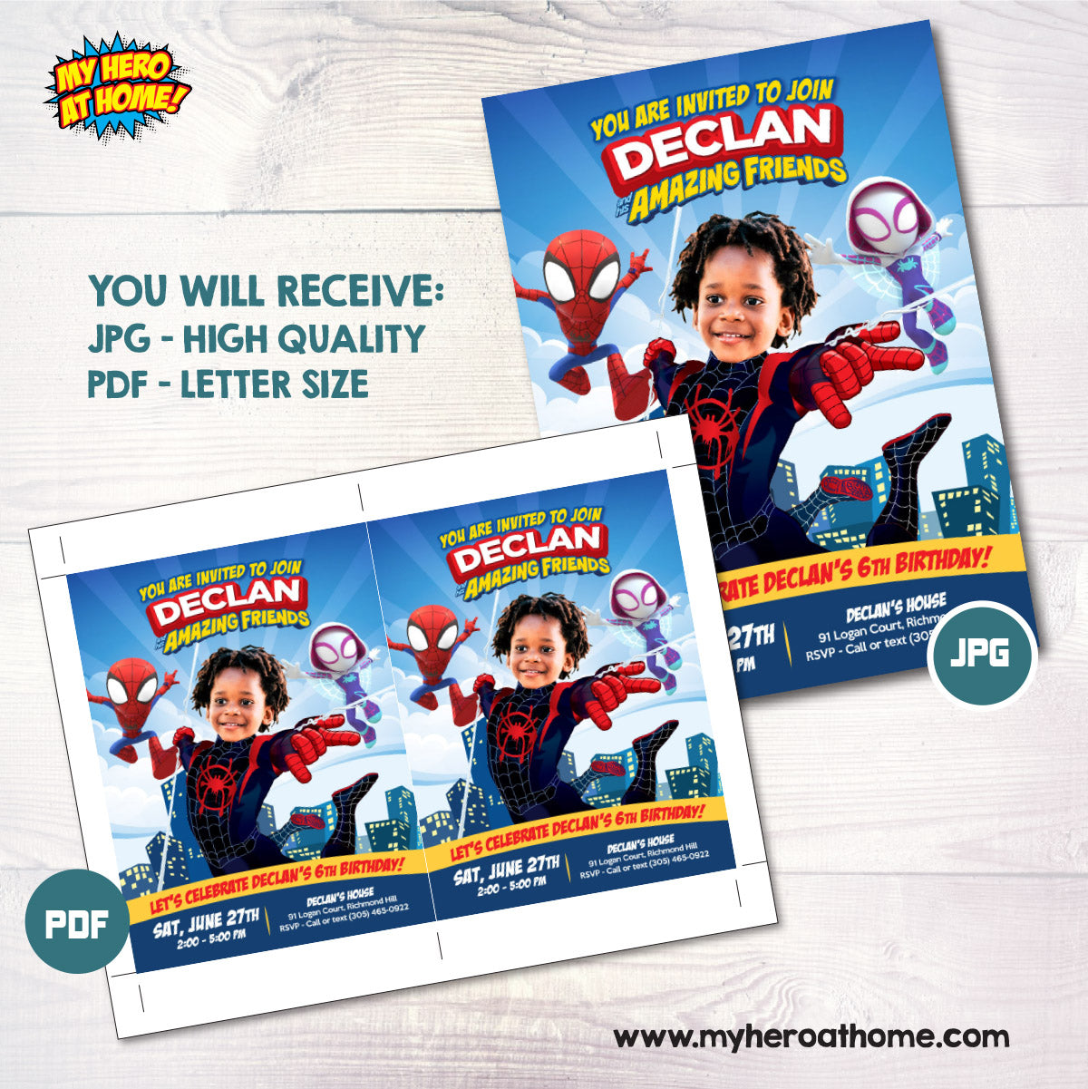 Custom Spin and his friends party Invitation featuring birthday kid as Miles Morales. 2104IN