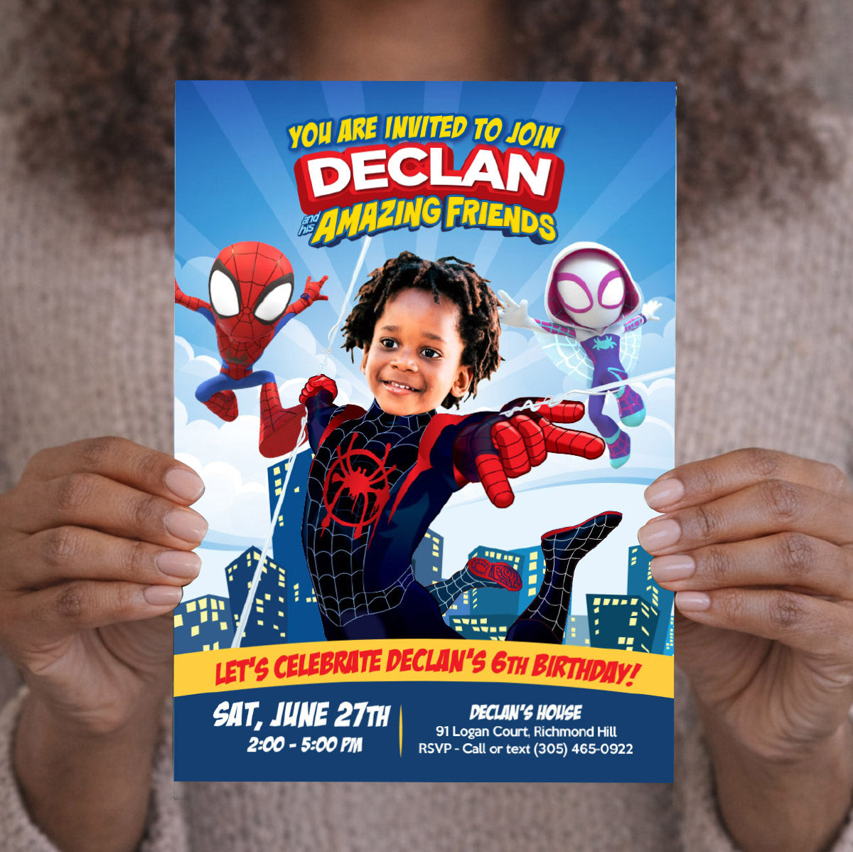 Custom Spin and his friends party Invitation featuring birthday kid as Miles Morales. 2104IN