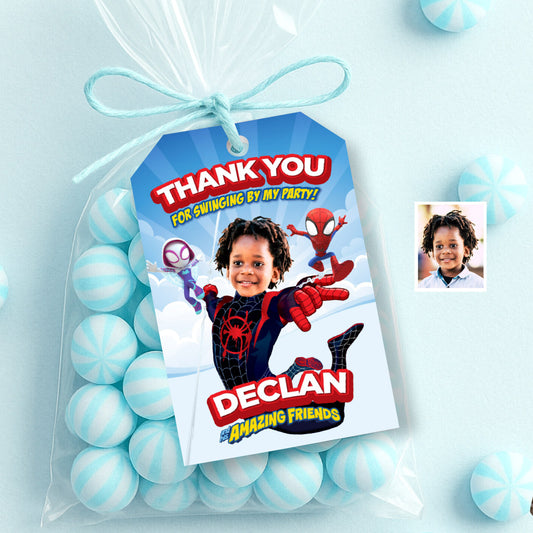 Spin and friends Thank You with kid as the star, Spin Miles Morales Favor Tags. 2104TY