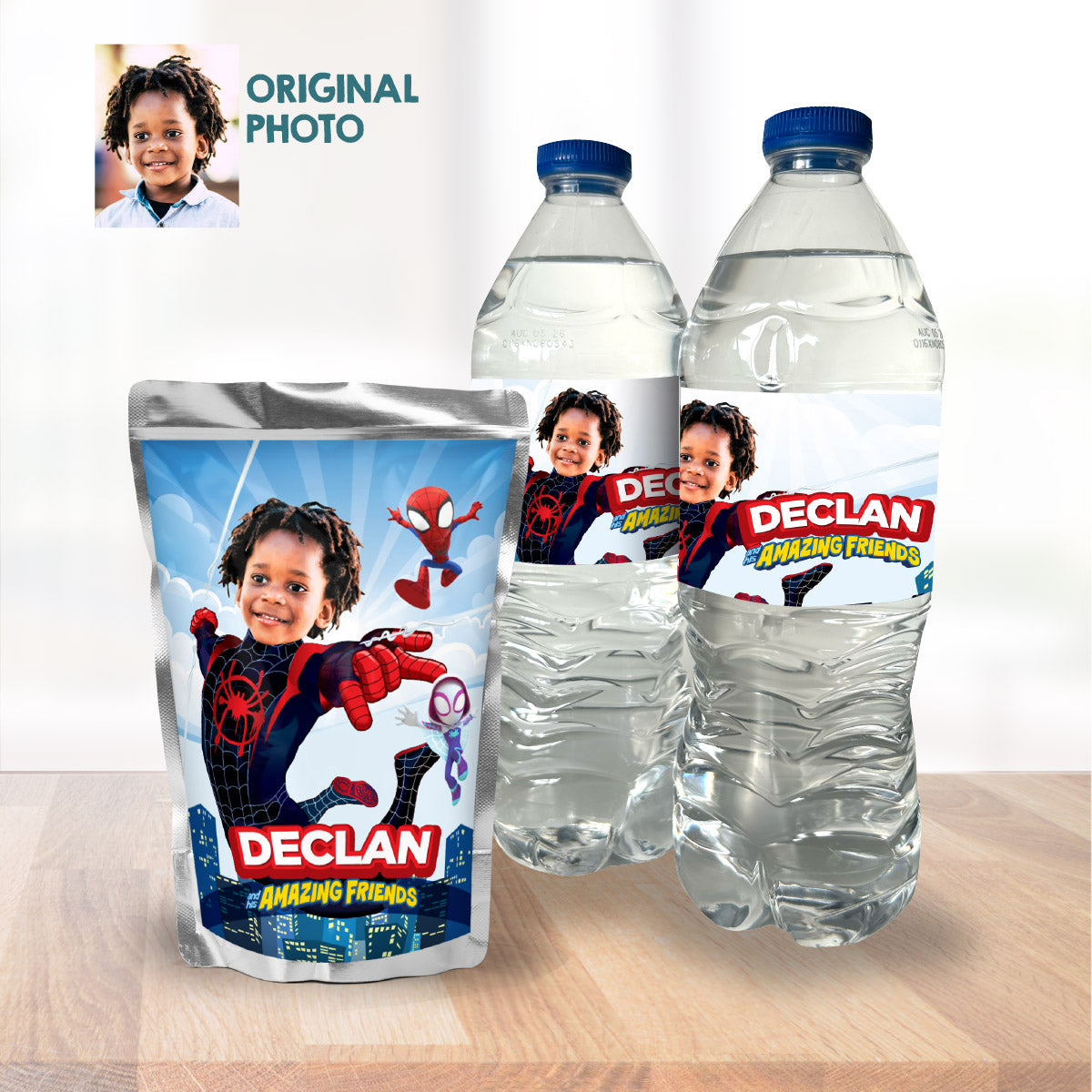 Personalized Spin water wrappers with kid as the star, Spin juice drinks labels. 2104WJ