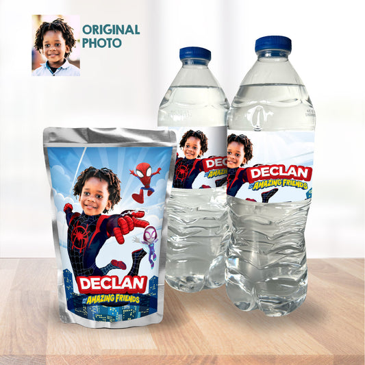 Personalized Spin water wrappers with kid as the star, Spin juice drinks labels. 2104WJ