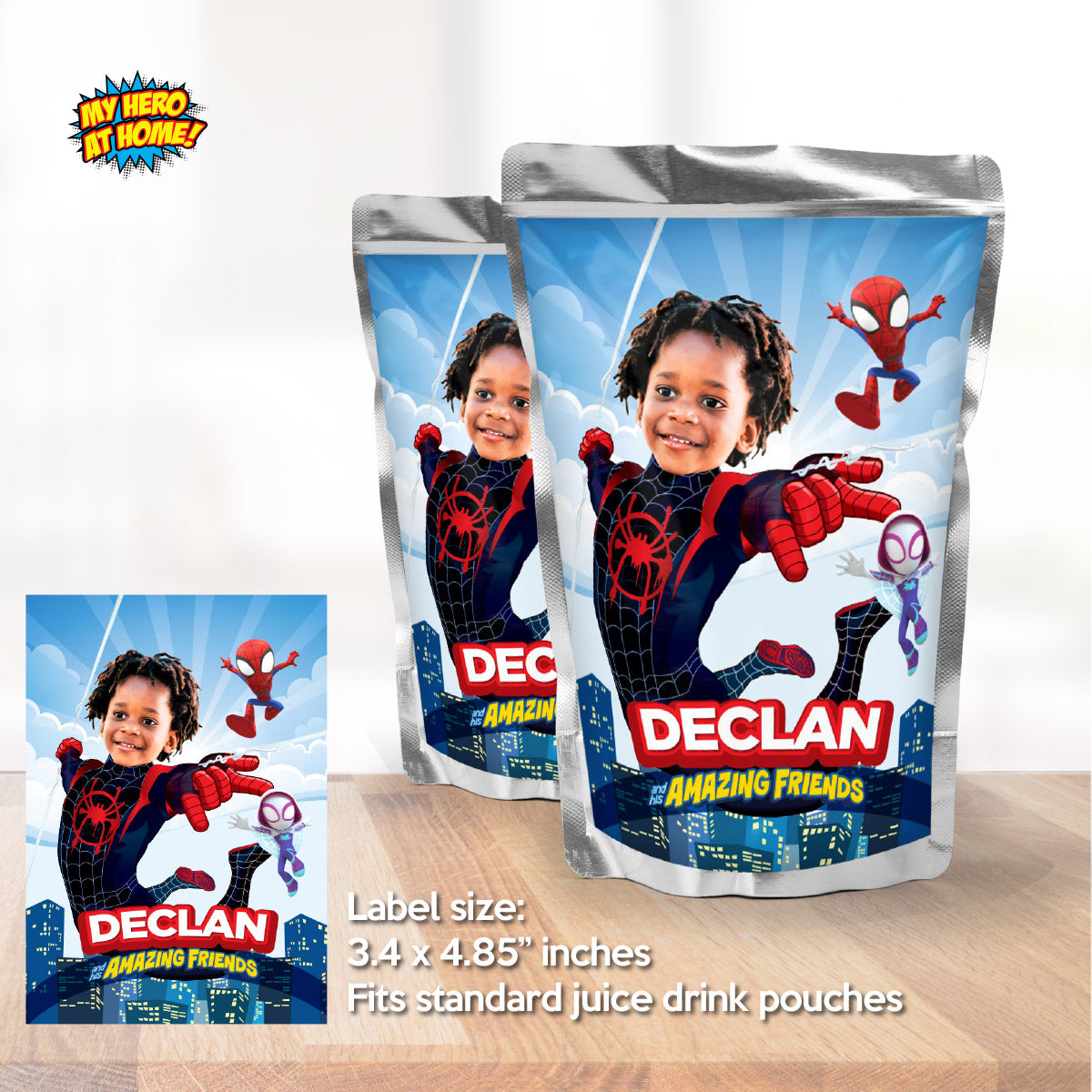 Personalized Spin water wrappers with kid as the star, Spin juice drinks labels. 2104WJ