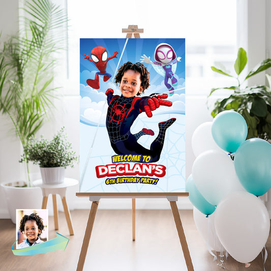 Custom Spin Birthday Welcome Sign with photo, Personalized Miles Morales Party Decor. 2104WS