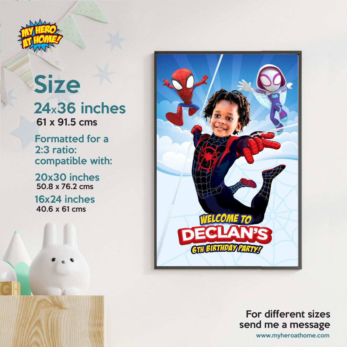 Custom Spin Birthday Welcome Sign with photo, Personalized Miles Morales Party Decor. 2104WS